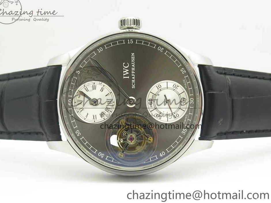 MIROTIME 0714 Popular Portuguese Flying Tourbillon SS Gray Dial 2 Sub Dials on Black Leather Strap 7159
